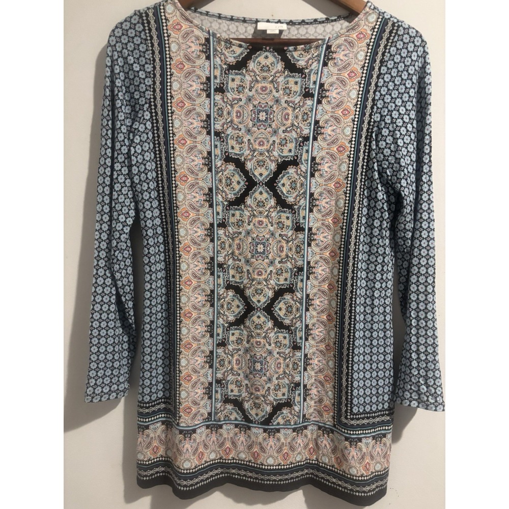 J Jill Blouse Floral‎ Paisley Tunic Top Womens XS Long Sleeve Stretch Blue